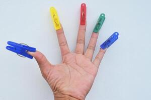 A man's five fingers are clamped by a clothespin photo