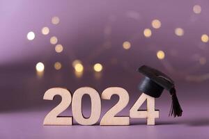 Number 2024 with graduated cap and bokeh lights. Class of 2024 concept photo
