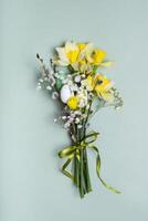 Easter spring bouquet with daffodils and willow on green background. Easter greeting card photo