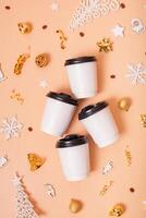 Banner with coffee beans and Christmas decorations flat lay, top view on trendy 2024 Peach Fuzz color background. photo