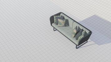 3d rendering 3d rendering pastel green velvet sofa with gray and tropical pillows on blueprint photo