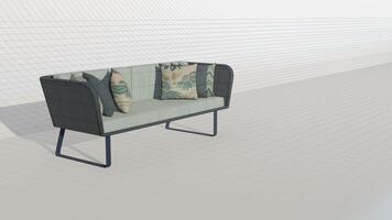 3d representación 3d representación pastel verde terciopelo sofá con gris y tropical almohadas en Plano foto
