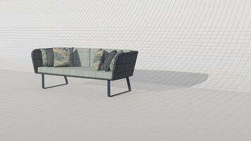 3d rendering 3d rendering pastel green velvet sofa with gray and tropical pillows on blueprint photo