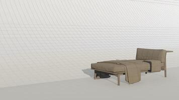 3d rendering a lounge sofa with a backrest on only one side and a coffee table attached on blueprint photo