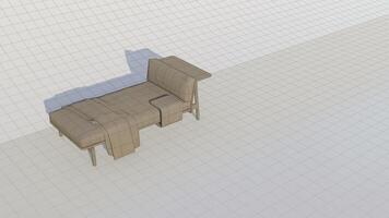 3d rendering a lounge sofa with a backrest on only one side and a coffee table attached on blueprint photo