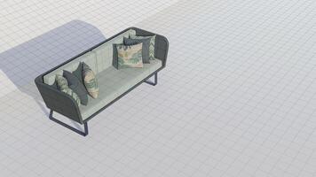 3d rendering 3d rendering pastel green velvet sofa with gray and tropical pillows on blueprint photo