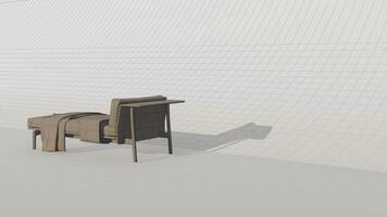 3d rendering a lounge sofa with a backrest on only one side and a coffee table attached on blueprint photo