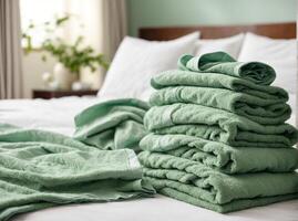 Green folded terry towels lie on clean white bed. Cleaning in guest room of hotel, cleanliness, laundry photo