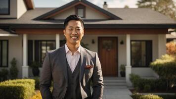 Asian real estate agent making a modern house showing photo