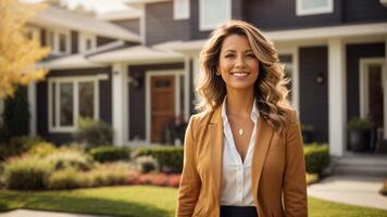 Successful female real estate agent stands proudly outside a modern home. photo