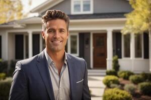 Real estate agent stands proudly outside a modern home photo
