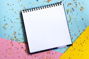 Mock up of empty spiral scketchbook with white paper on bright vibrant background with colorful confetti . Copy space. photo