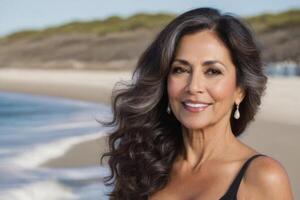 Portrait of a happy fifty-year-old Spanish woman with long hair against the background of the sea photo