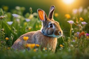 Rabbit on the lawn with flowers at sunset photo