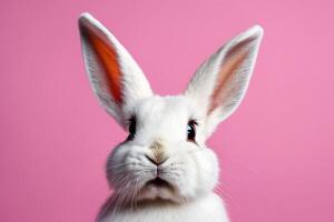 white fluffy rabbit on a pink pastel background. Easter Bunny for Easter. Rabbit isolated on pink background photo