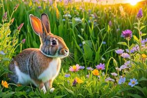 Rabbit on the lawn with flowers at sunset photo