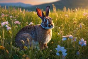 Rabbit on the lawn with flowers at sunset photo