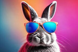 Close-up of a fashionable gray rabbit wearing glasses on a neon color background. photo