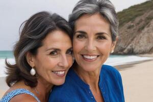 dos contento sonriente de edad mediana mujer amigos relajante en el costa. foto