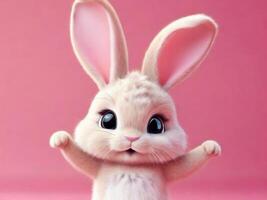 White rabbit jumps and dances on a pink background. Cute bunny. Happy Easter day, cartoon character design. photo