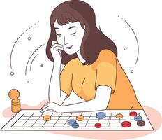 Young woman playing chess of a woman playing chess. vector