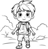 Black and White Cartoon Illustration of Cute Little Boy or Kid with Backpack for Coloring Book vector