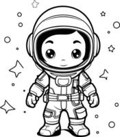 linda astronauta chico en traje espacial para colorante libro. vector