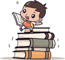 Boy reading a book on stack of books. cartoon illustration. vector