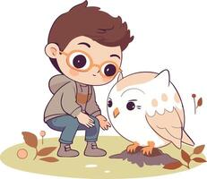 Cute little boy playing with owl in the park. vector