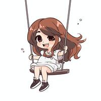 Cute little girl swinging on a swing isolated on white background. vector