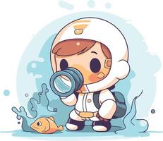 astronauta niña con un aumentador vaso y pez. vector