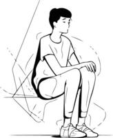 Young man in casual clothes sitting on the floor. vector