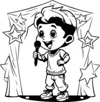 ilustración de un pequeño chico canto karaoke con micrófono. vector