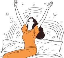 Happy young woman waking up in the morning. Hand drawn illustration. vector