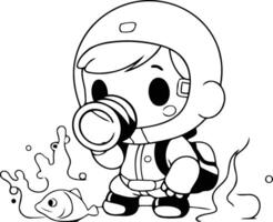 astronauta niña con un aumentador vaso y pez. vector