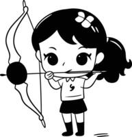 linda pequeño niña puntería con arco y flecha. vector