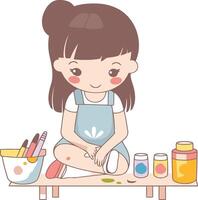 Cute little girl painting with watercolor paints. vector