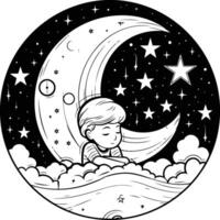 cute little boy sleeping in the night sky illustration graphic design vector