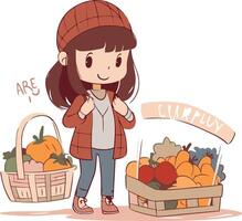 ilustración de un niña con un cesta de frutas y vegetales. vector