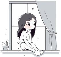 ilustración de un triste niña sentado en frente de el ventana. vector