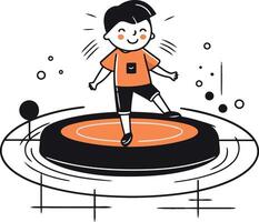 Boy running on a rubber ring in cartoon style. vector