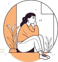 Sad woman sitting on the floor in front of the window vector