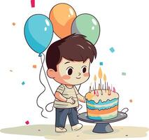 linda pequeño chico con cumpleaños pastel y globos vector