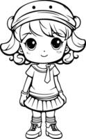 Cute little girl in a cap for coloring book. vector