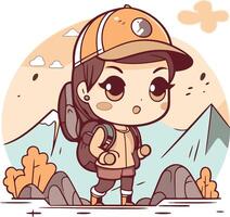 Cute little boy with a backpack in the mountains vector