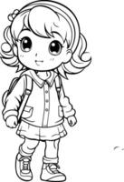 linda pequeño niña yendo a colegio para colorante libro. vector