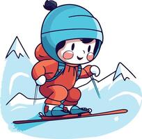 Boy skier in the mountains. Winter sport. vector