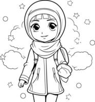 Cute cartoon muslim girl in hijab for coloring book. vector