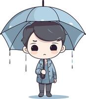 Cute boy with umbrella and raincoat. Cartoon style vector