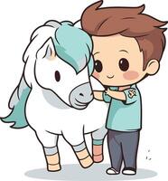 Cute boy and white horse. Cute cartoon character. vector